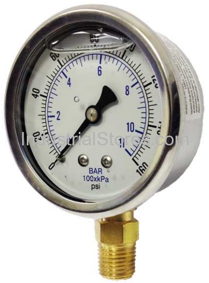 Kodiak Controls 201L40-30/0/100 Gauges & Accesories 4" Dial Liquid 1/4" Bottom Mount 30" hg-100psi